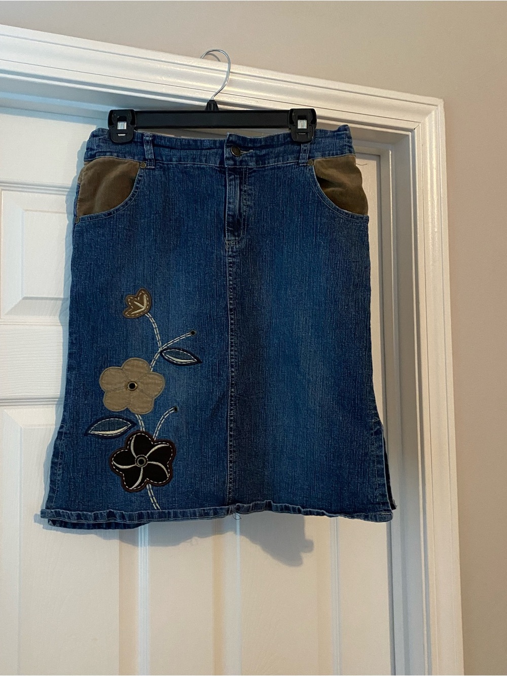Dark Blue Denim Mini Skirt with Floral Appliqué